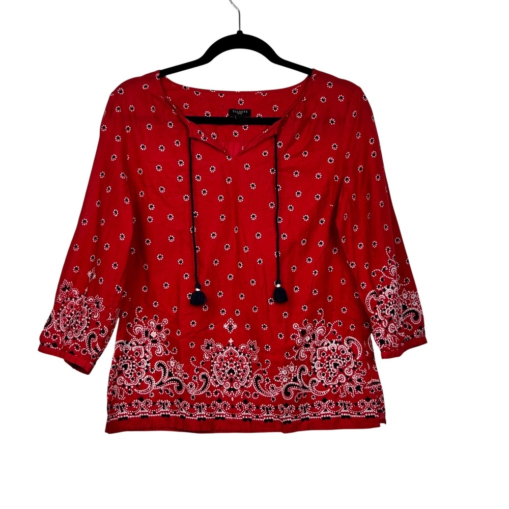 Talbots Top Womens Small Petite Red Bandana Print Tassel Neck 3/4 Sleeve Blouse